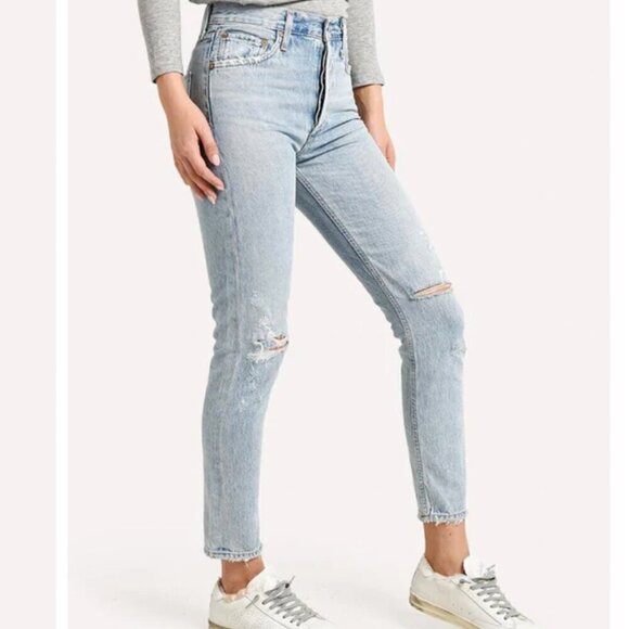 AGOLDE Women’s Jamie Hi-Rise Classic Jean Blue Distressed Ripped Knee Sz 24 - Picture 1 of 9